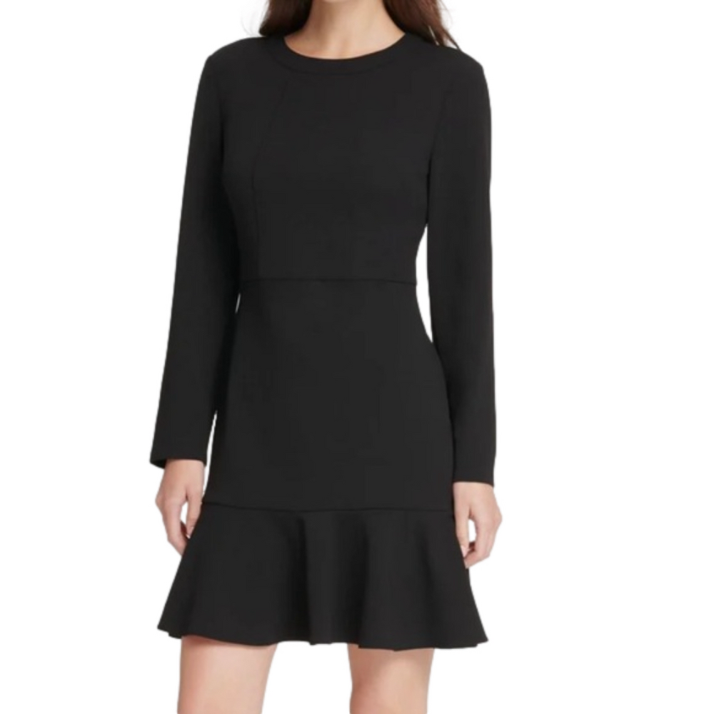 DKNY Women's Ruffled Long Sleeve Crew Neck Short Fit Flare Party Dress Size 10